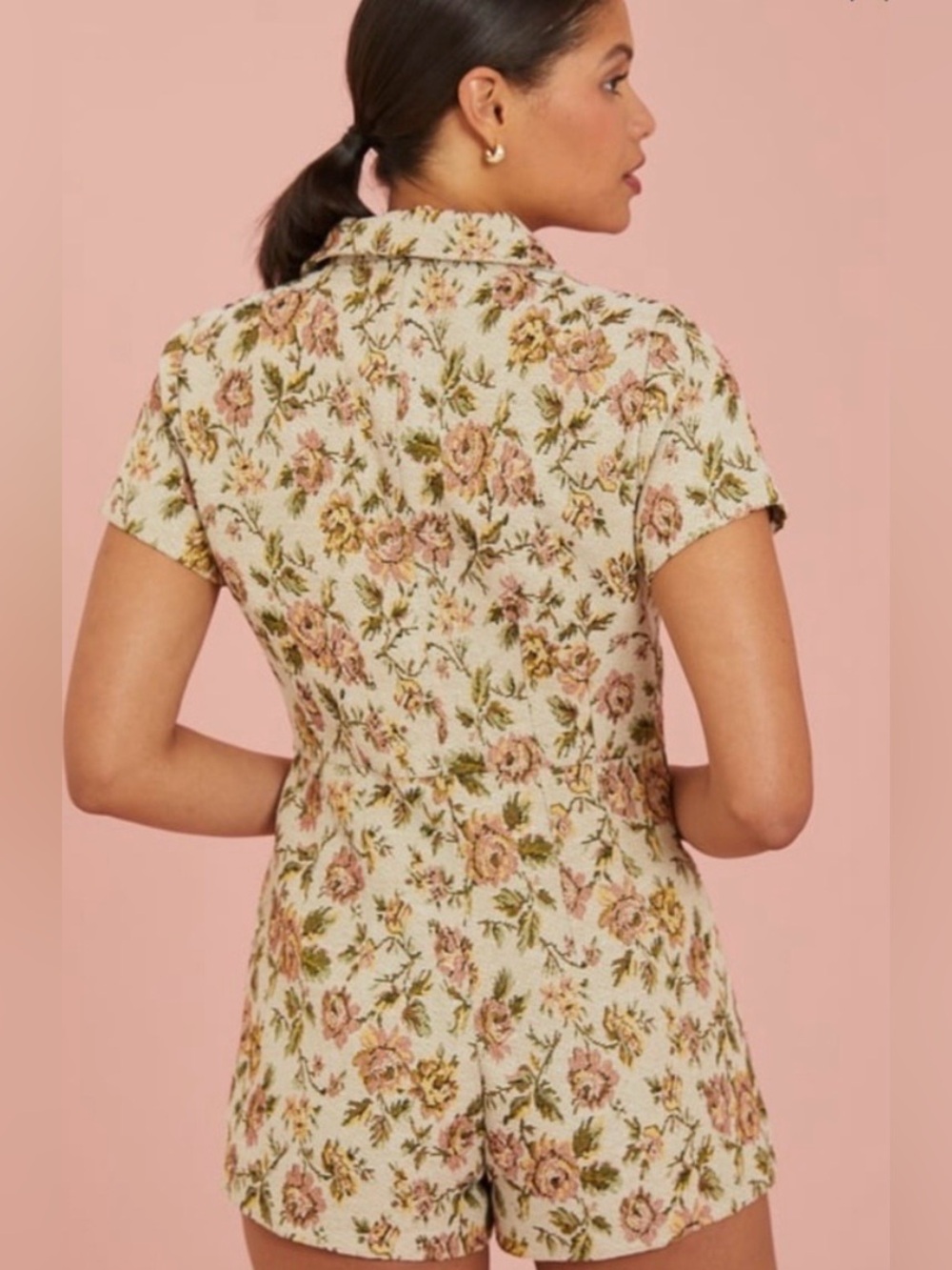 Altar’D State Floral Short Sleeve Romper in Cream and Pink